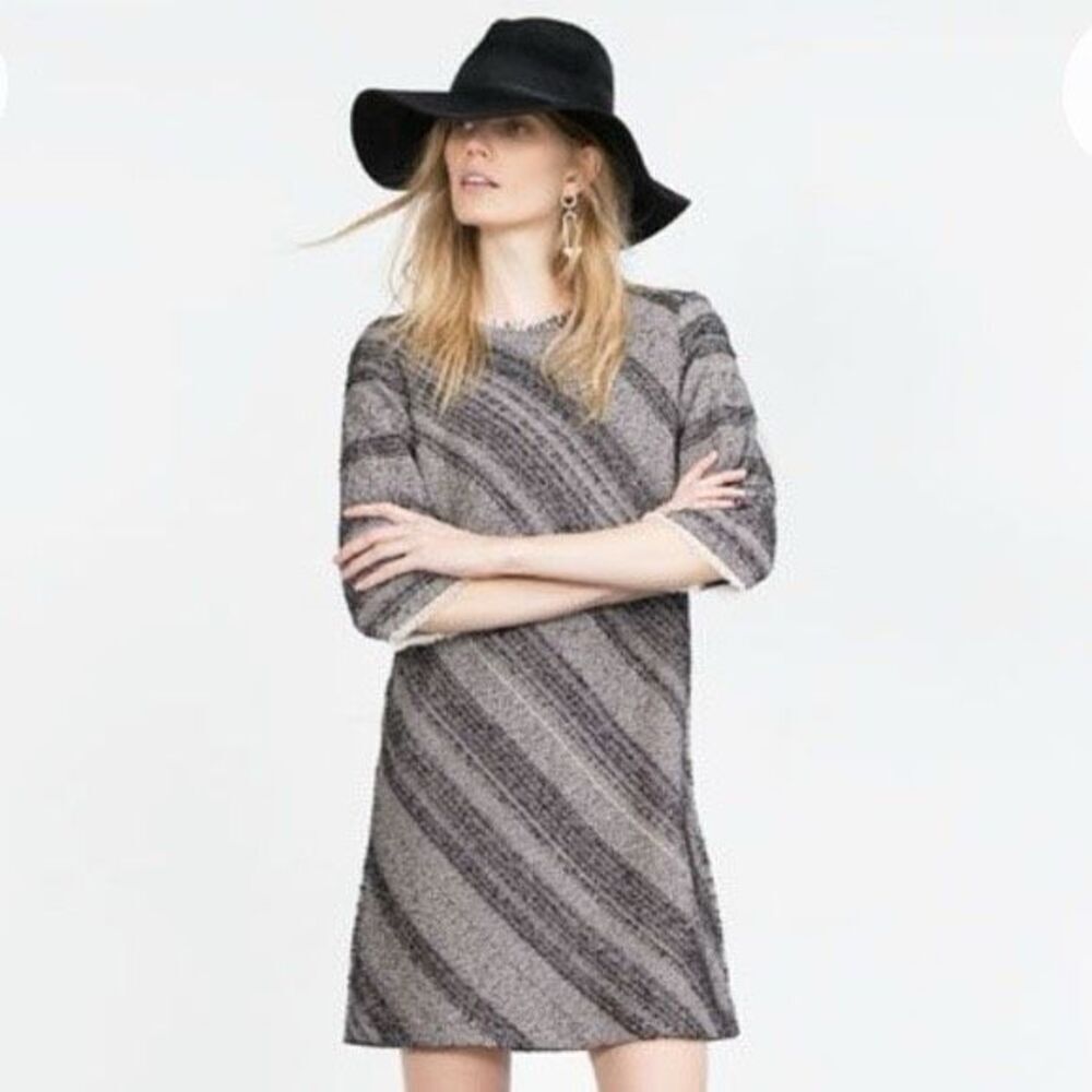 ZARA Basic Gray Textured Cotton Blend Dress, Made in Spain (Size S)